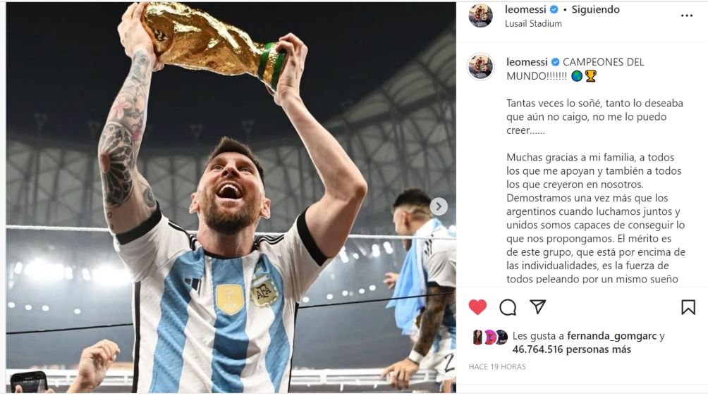 Lionel Messi tiene la publicación con más likes de un deportista