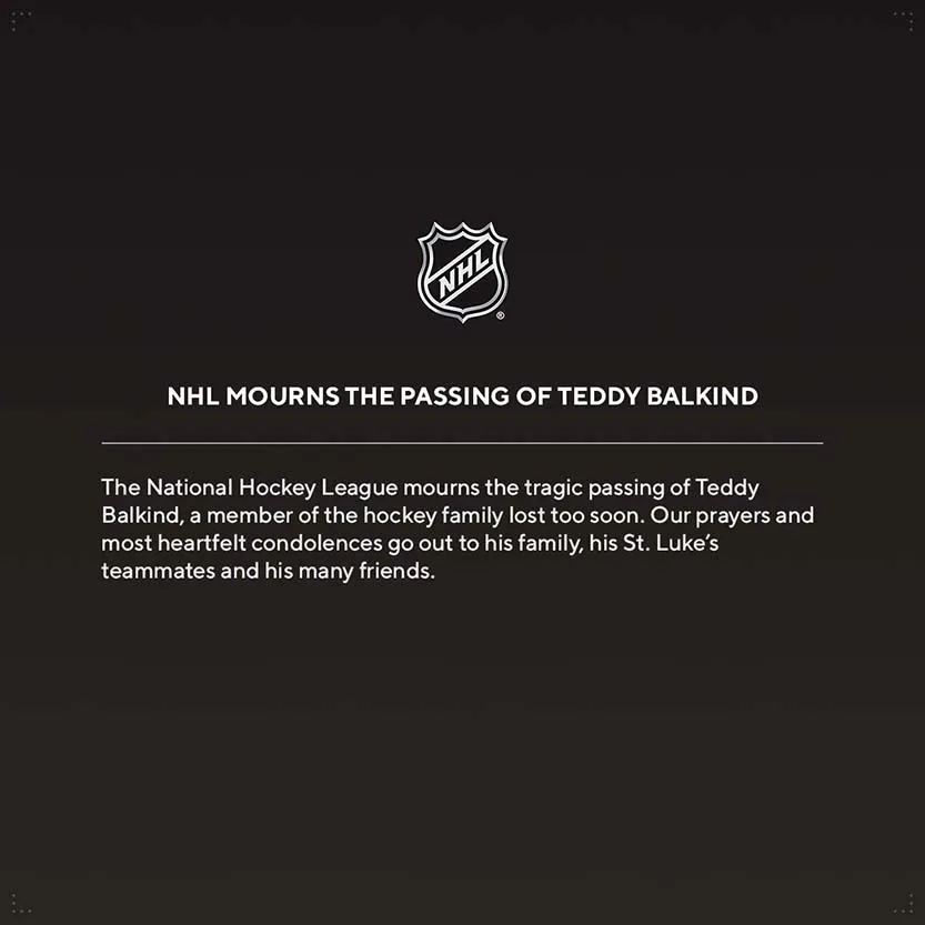 Twitter @PR_NHL Comunicado de la NHL sobre el incidente de Teddy Balkind
