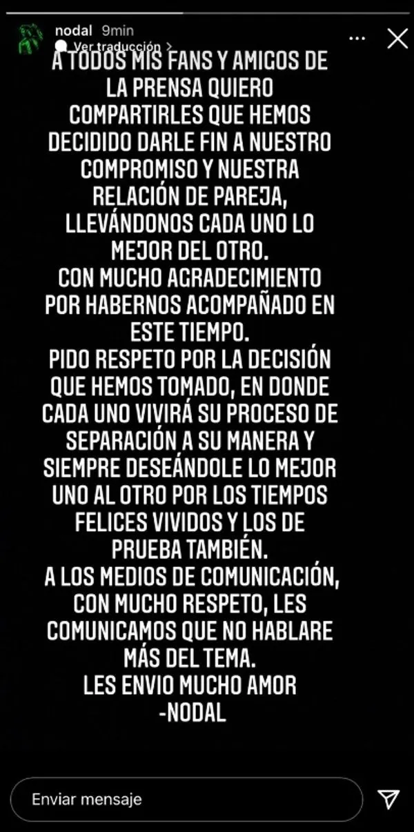 INSTAGRAM @nodal Nodal anuncia rompimiento con Belinda