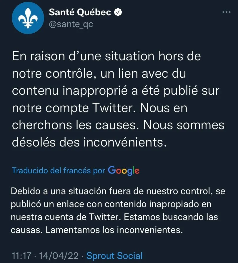 TWITTER Ministerio de Salud de Quebec ofreció disculpas por lo sucedido