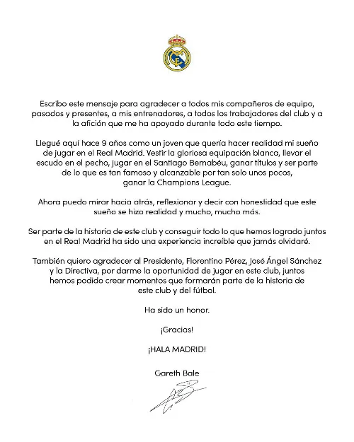 TWITTER: @GarethBale11 Carta de Gareth Bale al Real Madrid y su afición