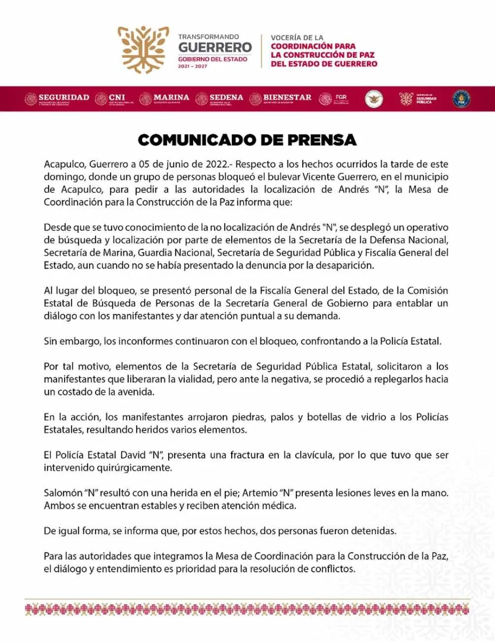 TWITTER | @CoordPazGro Este es el comunicado que se emitió