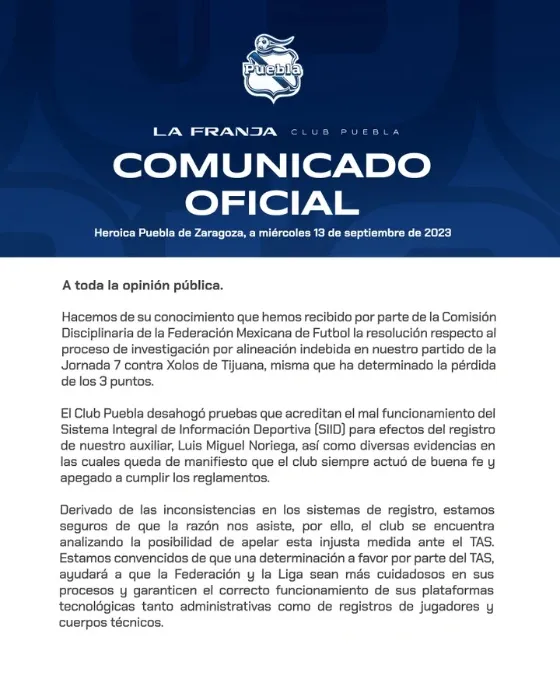 Twitter @ClubPueblaMX Comunicado Puebla tras sanción por alineación indebida