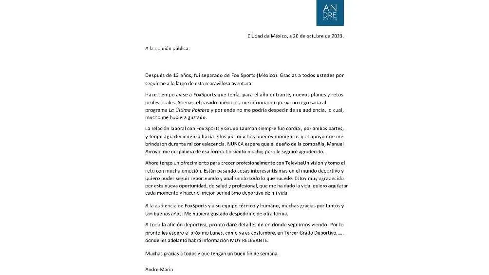 TWITTER @andremarinpuig Comunicado del periodista