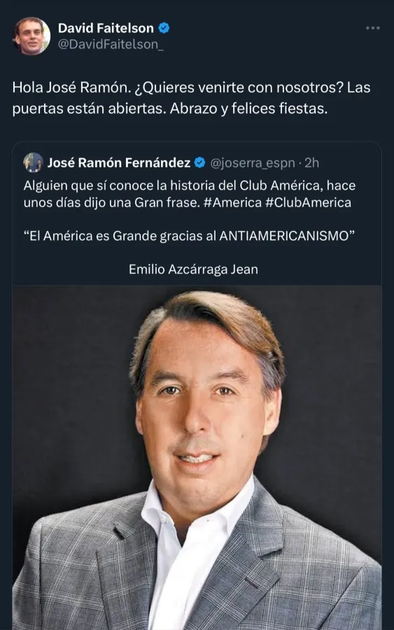 CAPTURA DE PANTALLA: TWITTER Faitelson invita a Jose Ramón Fernández