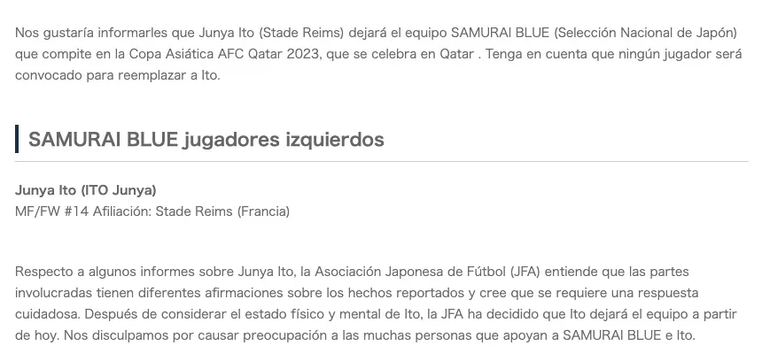CAPTURA Así fue el comunicado de la Asociación Japonesa de Futbol