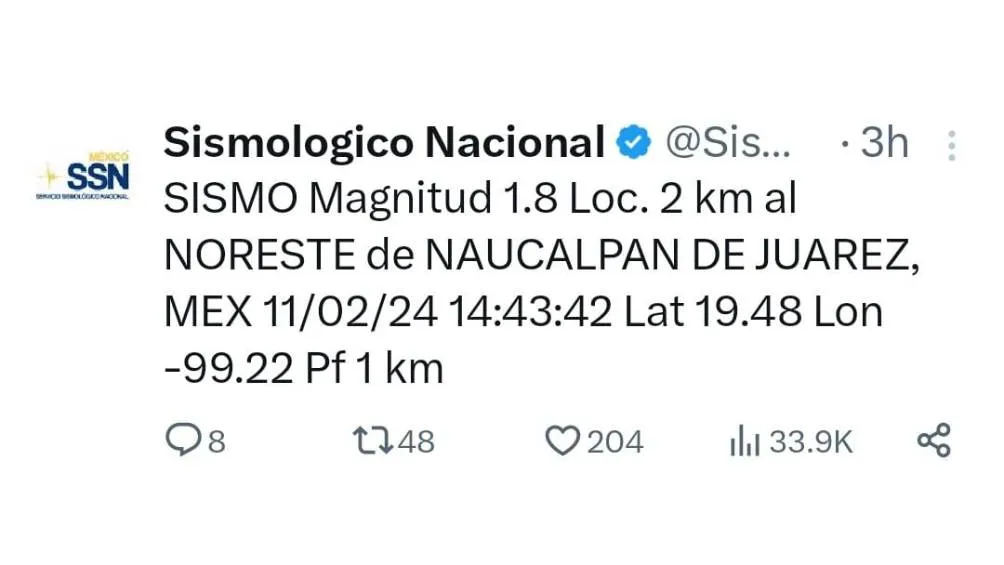 Foto: "X" Sismológico Nacional Sismológico Nacional reporta la magnitud y el epicentro