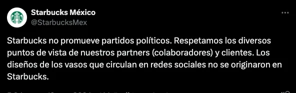 IG: @StarbucksMex Starbucks no quiere saber nada de política y se deslinda de la candidata.