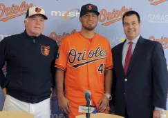 Gallardo durante su presentación con los Orioles