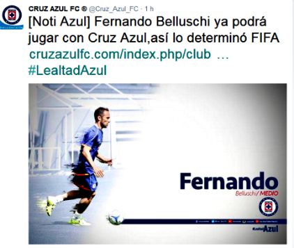 El tuit donde Cruz Azul informa el pase de Belluschi