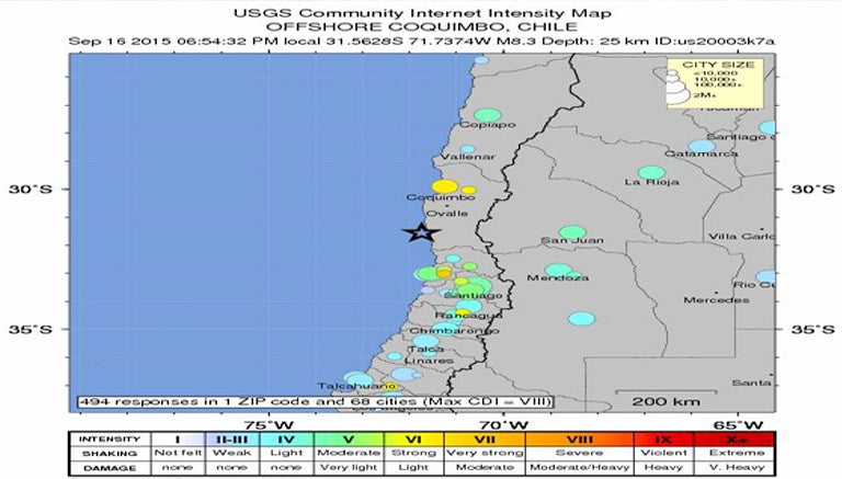 Mapa del epicentro e intensidad del terremoto