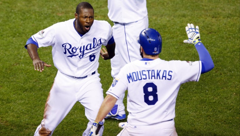 Cain junto a Moustakas, previo a la Serie Mundial