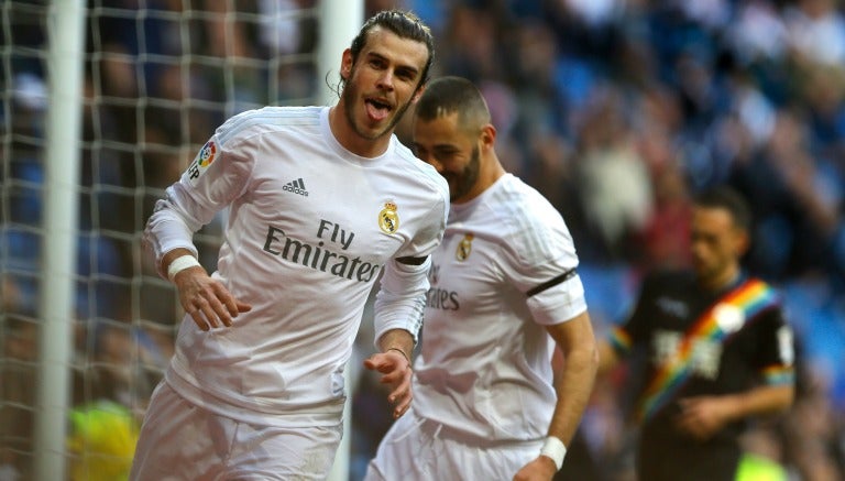 Gareth Bale celebra uno de sus cuatro goles al Rayo