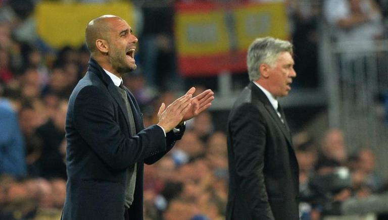 Guardiola y Ancelotti durante enfrentamiento entre Real Madrid y Bayern Munich