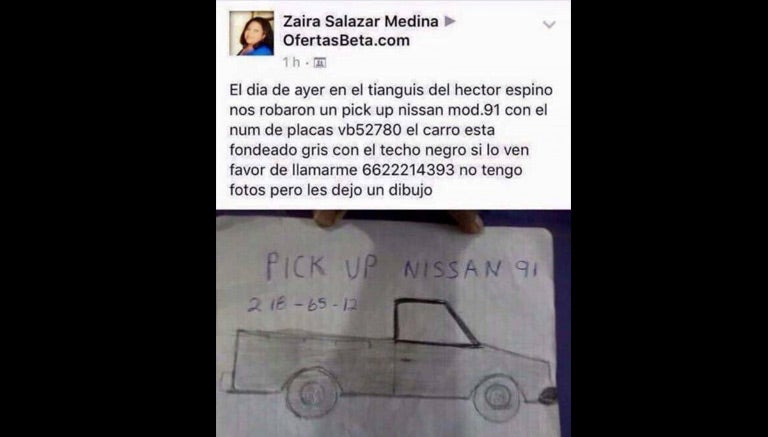 El dibujo que subió Zaira de su camioneta robada