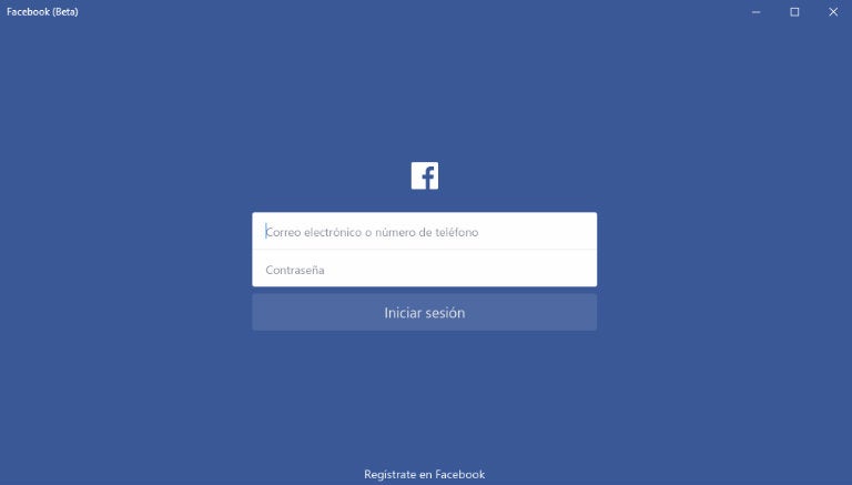 Así luce la interfaz de inicio de sesión de la aplicación de Facebook para W10