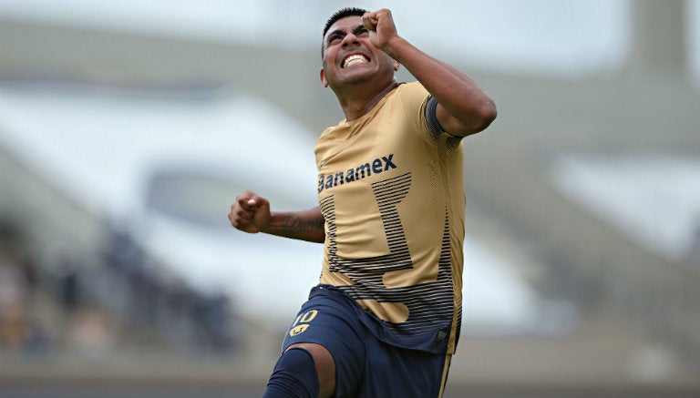 Daniel Ludueña festeja un gol con Pumas