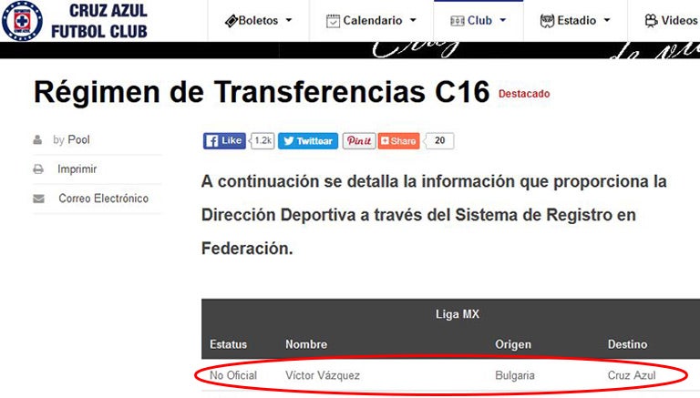 Así luce la información referente a Vázquez en la página del Cruz Azul