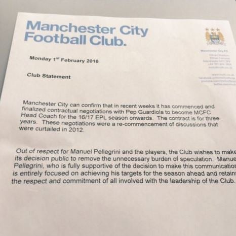 Comunicado del Manchester City en relación a Guardiola