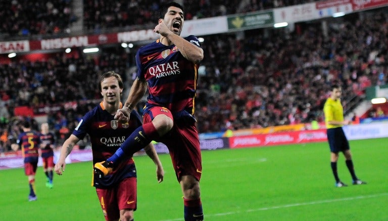 Suárez celebra su gol contra Sporting