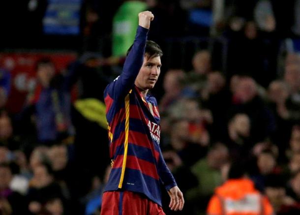 Messi celebra en partido con Barcelona