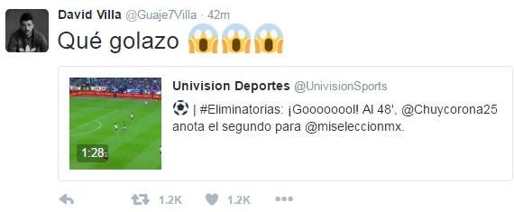 David Villa muestra su asombro tras golazo de Corona