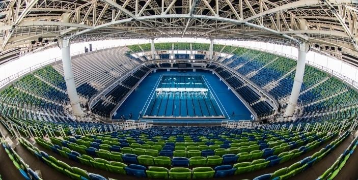 Así luce la alberca y las butacas del Estadio Acuático de Río