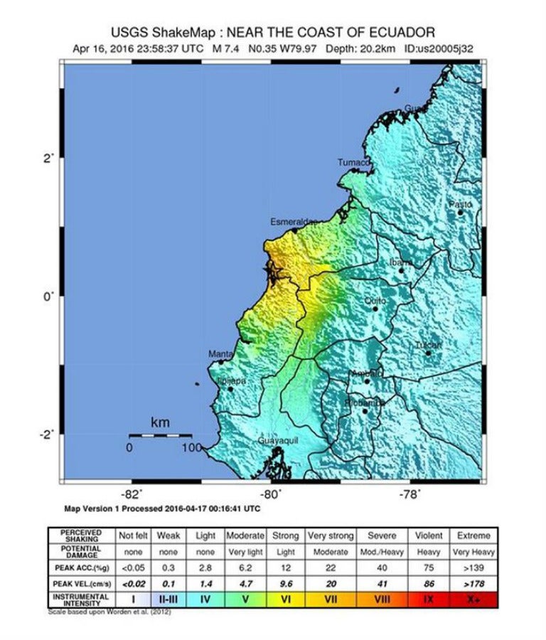 Mapa donde se aprecia el origen del sismo en Ecuador