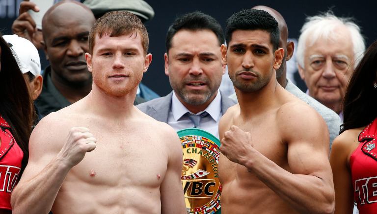 Canelo y Khan durante la ceremonia de pesaje