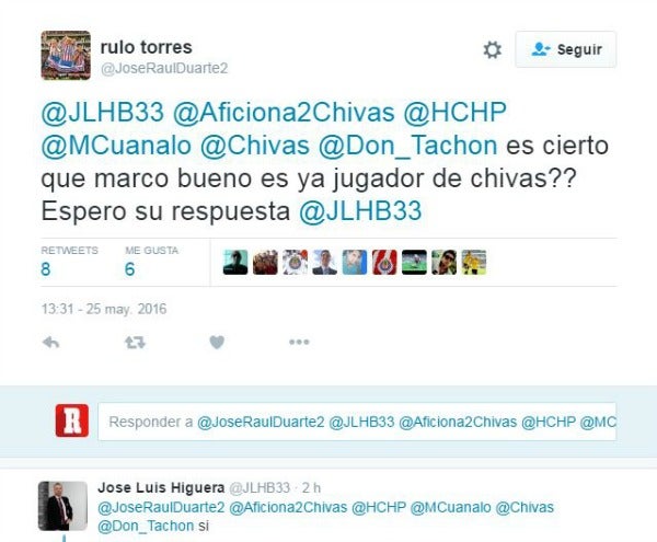 Conversación de Higuera con el aficionado en Twitter