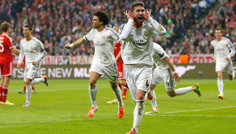 Sergio Ramos festeja su gol contra el Bayern de Guardiola