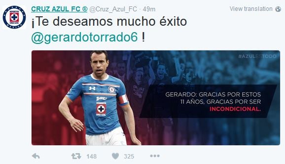 Cruz Azul despide a Torrado a través de Twitter