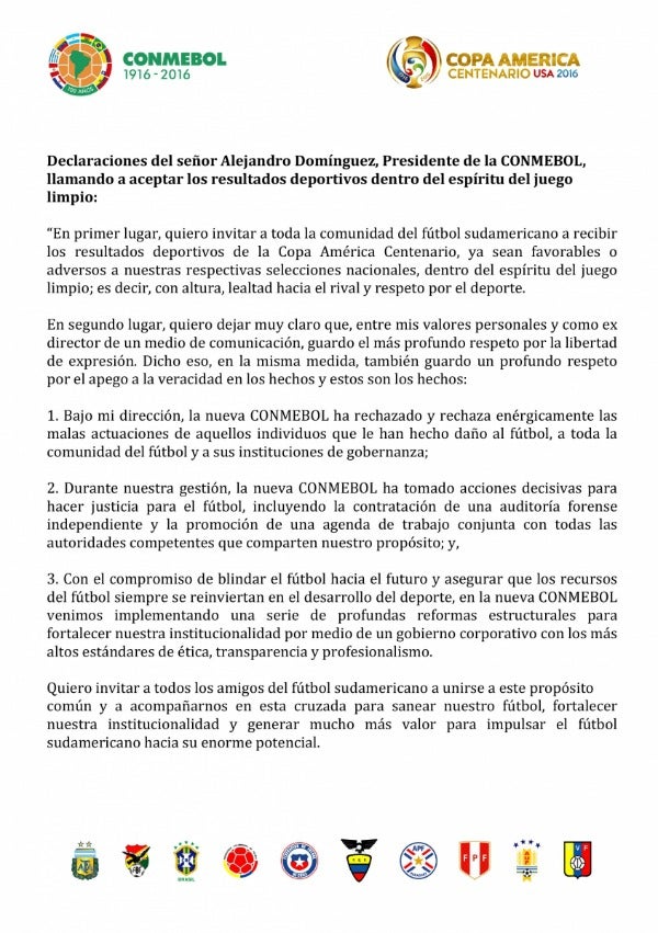 Comunicado por parte de Alejandro Domínguez, directivo de Conmebol