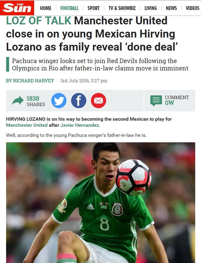 La portada de la página web de The Sun con el tema de Lozano