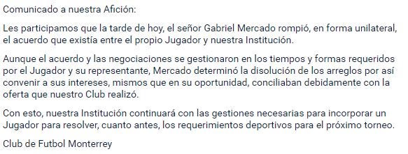 Comunicado de Monterrey sobre el caso de Mercado