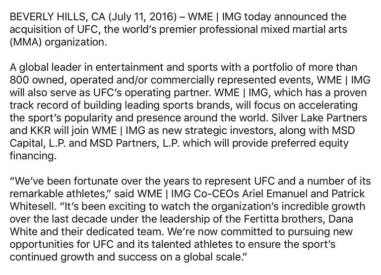 Este es el comunicado que confirma la adquisición de UFC por parte de WME-IMG