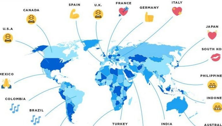 Mapa publicado por Twitter con los emoticones más usados por país