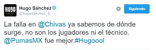 Tweet de Hugo Sánchez donde culpa indirectamente a Vergara