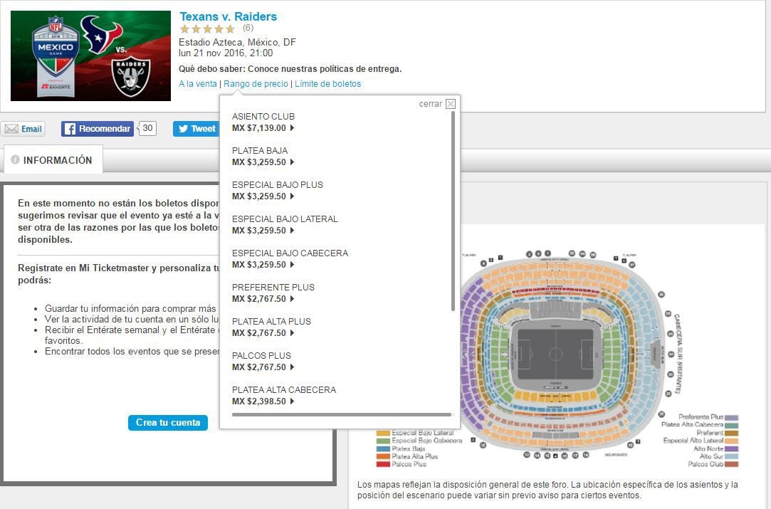 Lista de precios del portal Ticketmaster