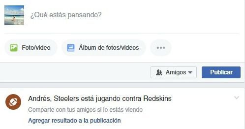 Notificación del Facebook del partido Steelers vs Redskins