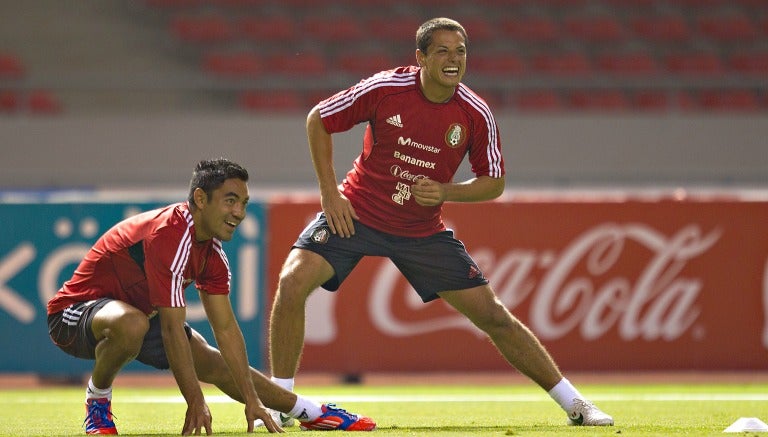 Javier Hernández y Marco Fabián en un entrenamiento con la Selección Mexicana