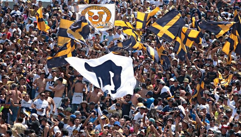 Aficionados de Pumas apoyan a su equipo durante un partido