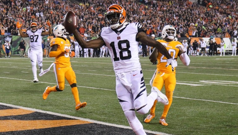 A.J. Green al momento de anotar el TD con los Bengalíes