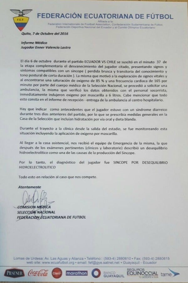 Comunicado de la Federación ecuatoriana sobre Valencia 