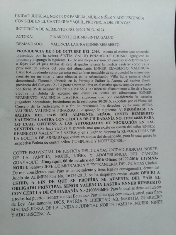 Orden del juez contra Enner Valencia 