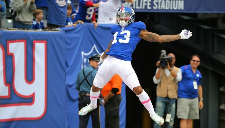 Odell Beckham celebra el TD del triunfo frente a los Cuervos