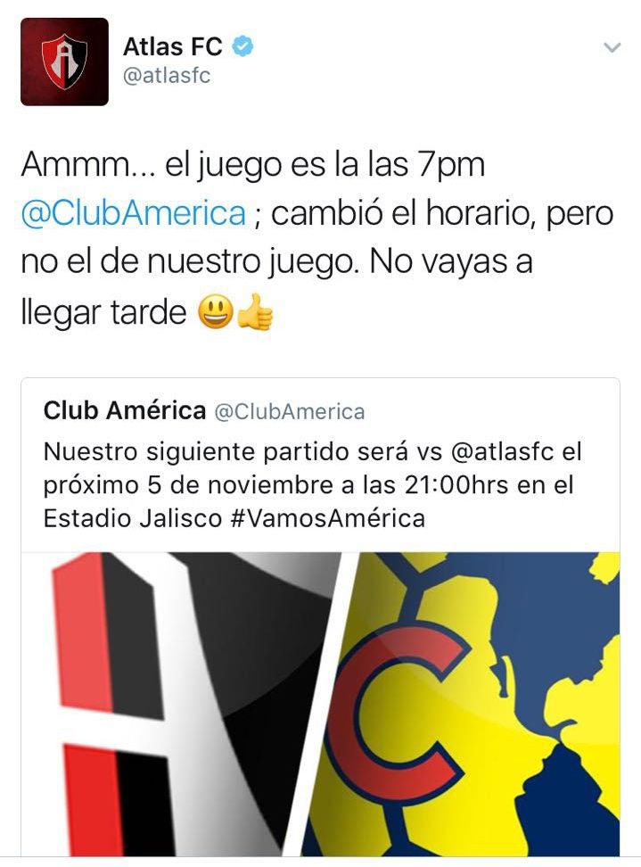 Atlas trollea al América por equivocarse de horario