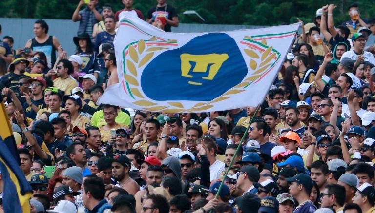 Afición de Pumas apoya a su equipo durante un juego 