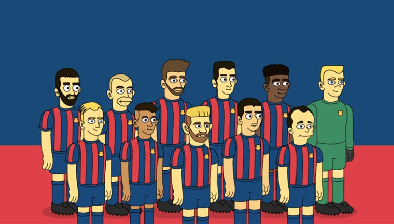 Plantilla del Barcelona caricaturizada