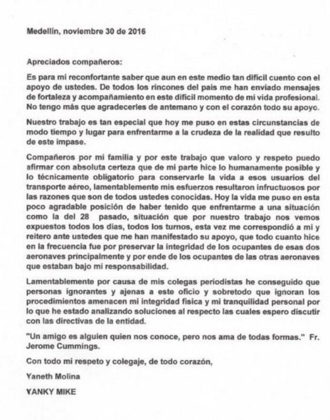 Carta publicada por Yaneth Molina